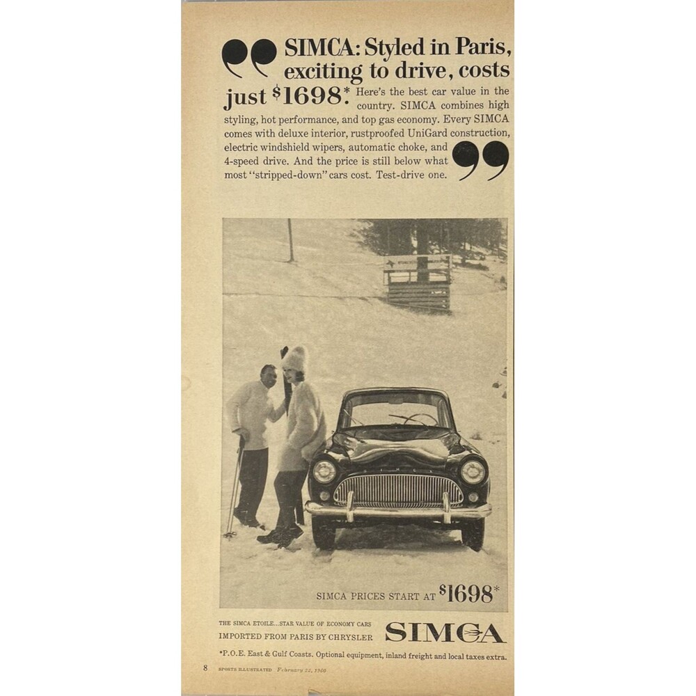Chrysler Simca "Styled in Paris Exciting to Drive" Vintage Print Ad 1960